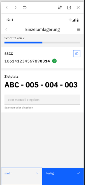 LUNAmobile: Einzelumlagerung mit gescannter SSCC und Zielplatz